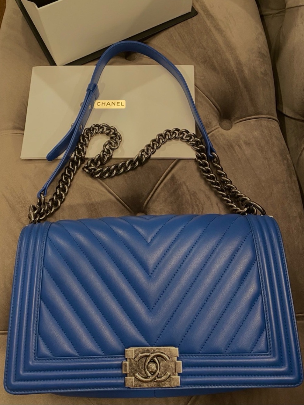 CHANEL Blue Chevron Quilted Shoulder Bag with Gunmetal Chain